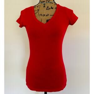 hand by hand Women Red Cotton V Neck Cap Sleeve Stretchy Fitted Tee Shirt  Small